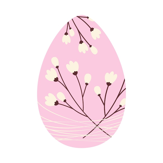 Easter egg with a pattern of cherry branches entangled with thin threads in trendy shades soft pink