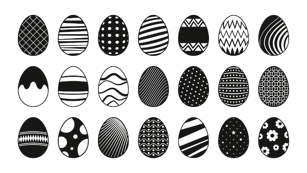 Easter eggs black icons abstract decorative elements for traditional spring holiday celebration flat doodle stencil egghunting decoration vector set