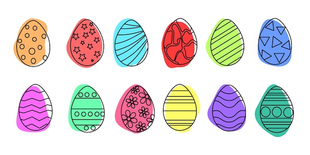 Vector easter eggs black outline with colored background doodle style