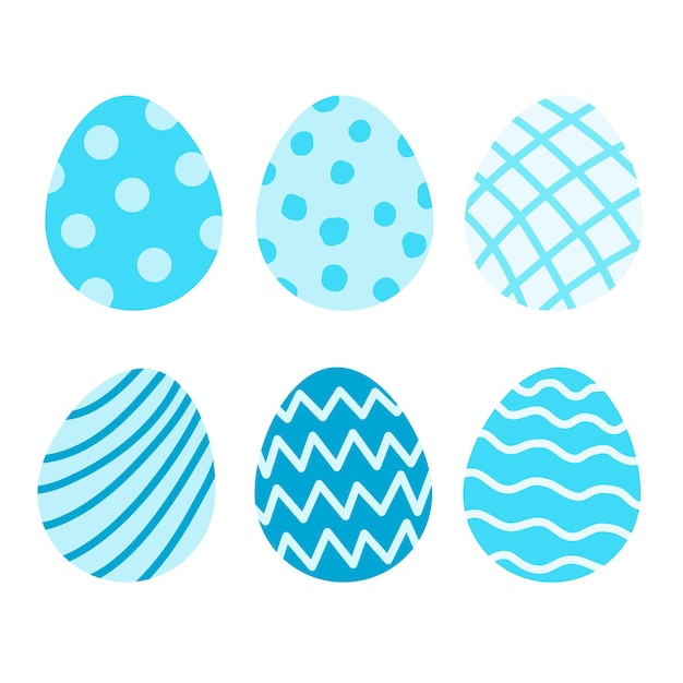 Easter eggs Blue painted eggs Colored stripes dots waves on a flat illustration