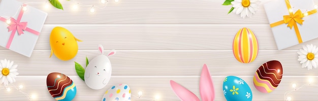 Easter eggs, bunny ears and gift boxes