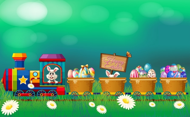 Vector easter eggs and bunny in the train