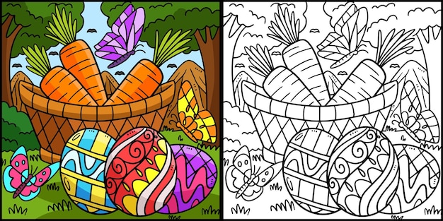 Easter Eggs And Carrots Coloring Page Illustration