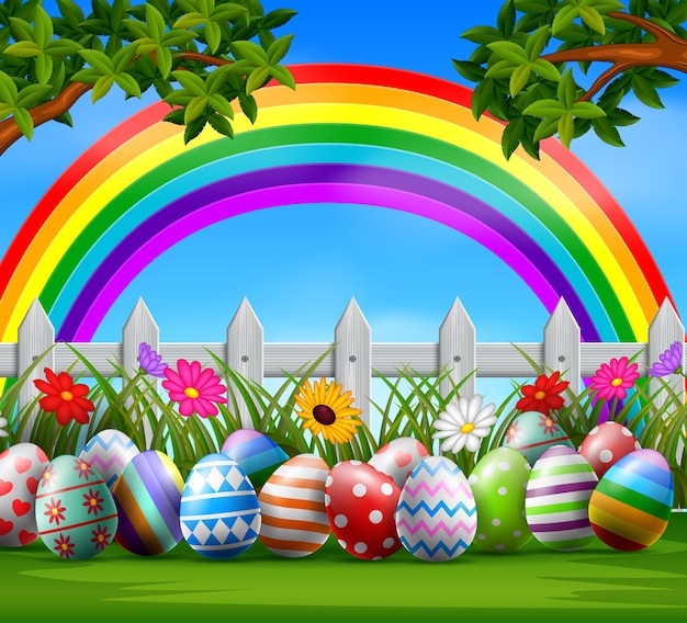 Easter eggs and colorful on the garden