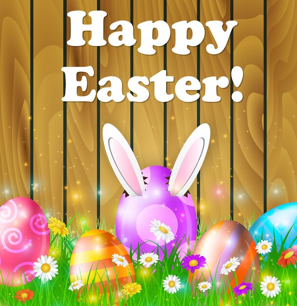 Easter eggs in grass on brown wooden background with flowers Happy Easter, Rabbit ears sticking out of the egg. Vector illustration .