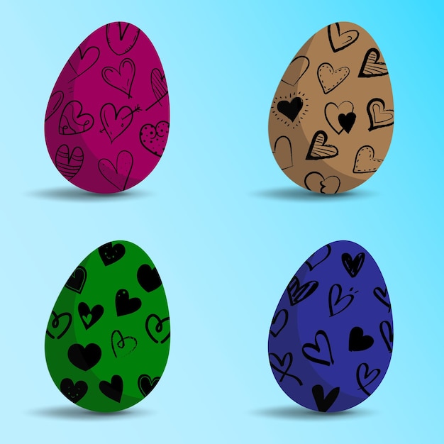 Easter eggs icons set Hearts 4 pieces Vector on blue background