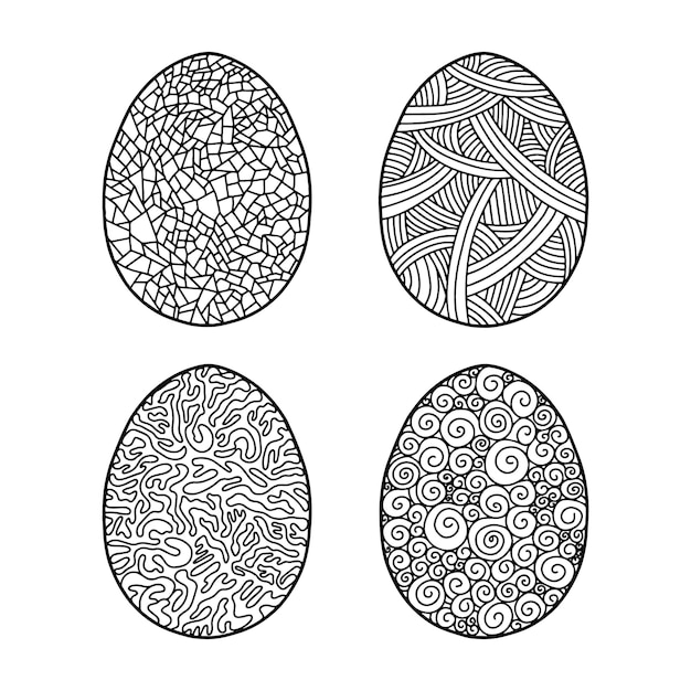 Иконы пасхальных яиц. Стилизованные, линейные, черно-белые пасхальные яйца. Векторная иллюстрация.