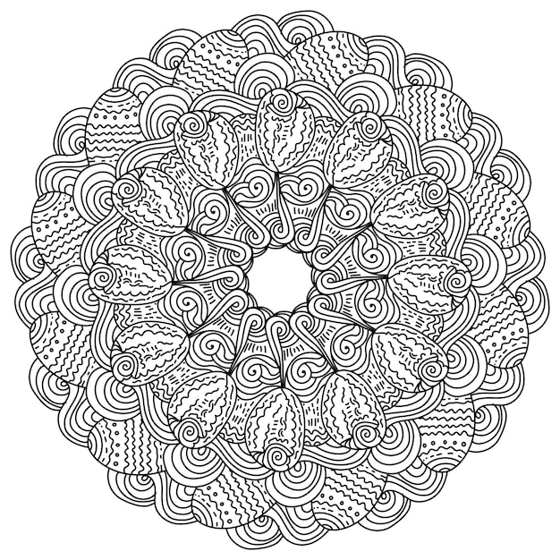 Vector easter eggs mandala with curls and wavy lines holiday coloring page in the shape of a round frame