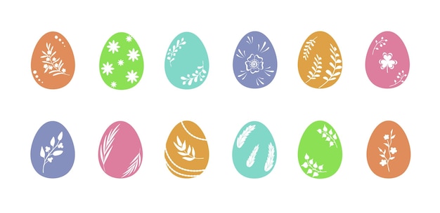 Vector easter eggs in muted colors with herbal and floral ornaments set of modern symbols artistic flat