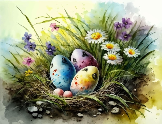 Easter eggs in a nest with flowers