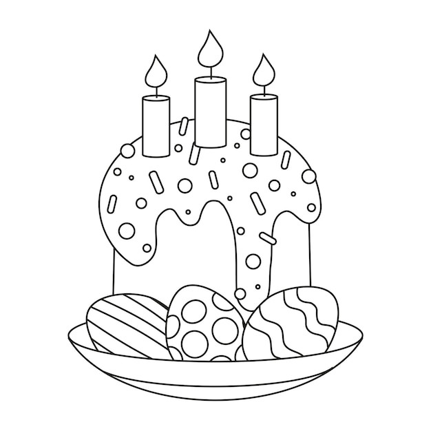 Easter eggs on a plate with an Easter cupcake and candles Line art
