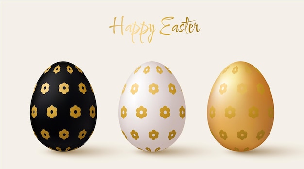 Easter eggs set Black white and gold 3d design elements with gold flower pattern