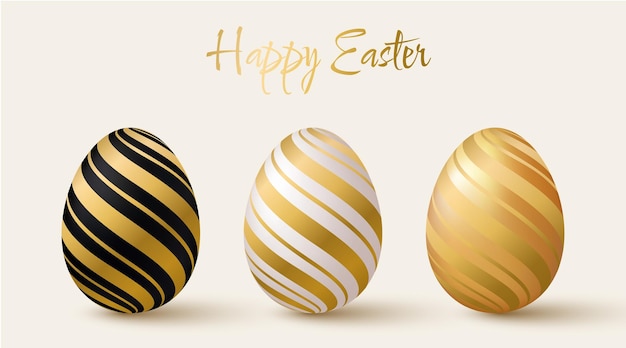 Easter eggs set Black white and gold 3d design elements with gold pattern