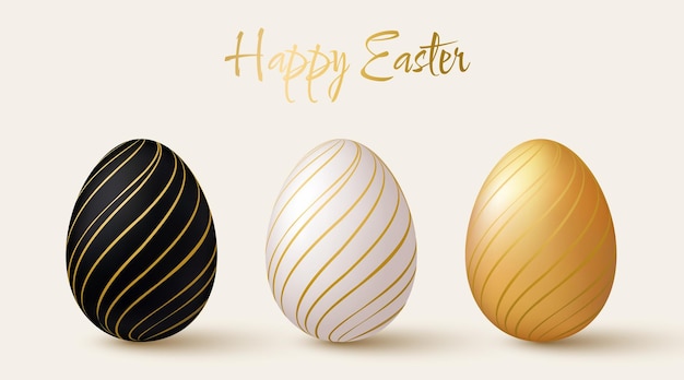 Set di uova di pasqua elementi di design 3d bianco nero e oro con motivo dorato