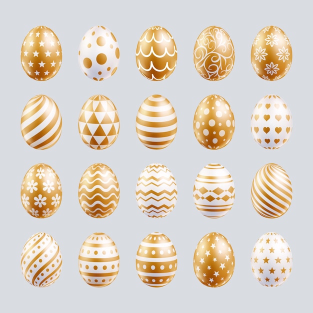 Le uova di pasqua hanno impostato il colore oro con forme diverse