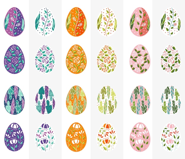 Easter eggs set in purple orange and pink color Holiday easter clip Isolated on white background