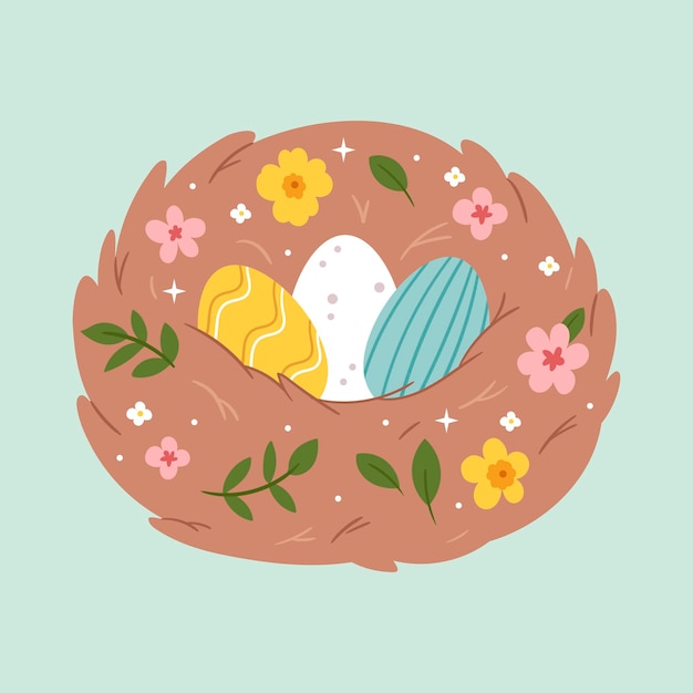 Easter eggs in a spring nest with flowers Easter card Happy easter Cute spring illustration