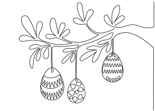 Uova di pasqua sul ramo di un albero. disegno a una linea, grafica a linea continua, design semplice e minimalista.