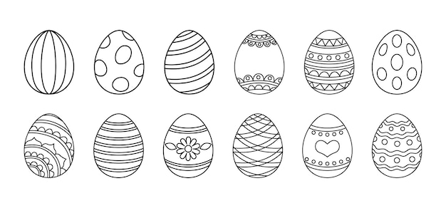 벡터 부활절 달걀 벡터 색칠 컬렉션 흰색 배경에 장신구가 있는 격리된 선형 계란
