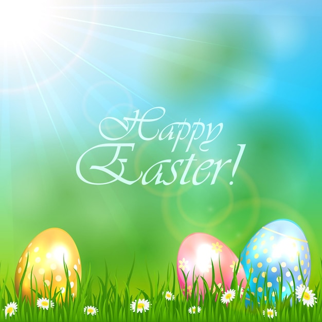 Easter eggs with flower on blue background, illustration.