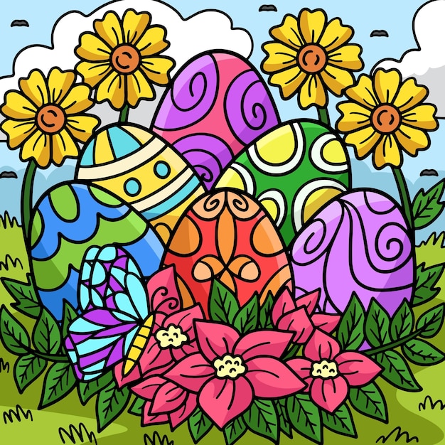 Easter Eggs with Flowers Colored Cartoon