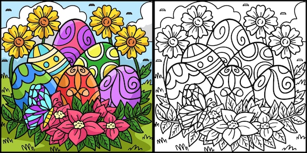 꽃 색칠 그림과 부활절 달걀
