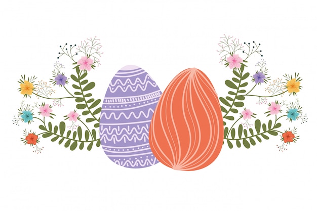 Easter eggs with flowers and leafs isolated icon