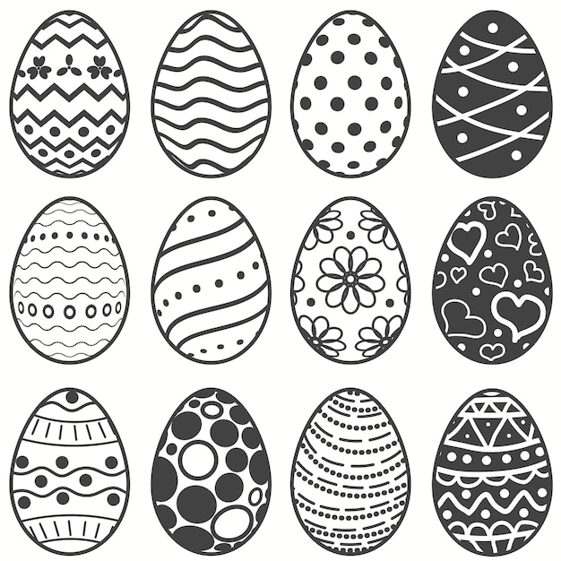 Пасхальные яйца с линейным орнаментом, желание счастливого едока. с праздником пасхи, набор яиц. вектор