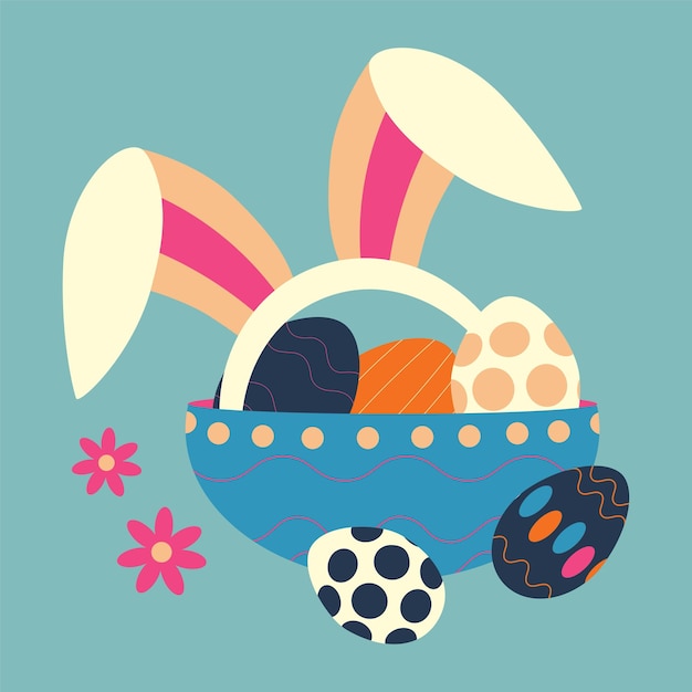 Easter eggs with ornaments on a plate and with rabbit ears Color vector illustration