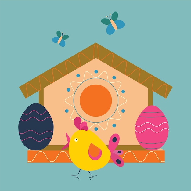 Vector easter eggs with patterns and a birdhouse with a bird color vector illustration