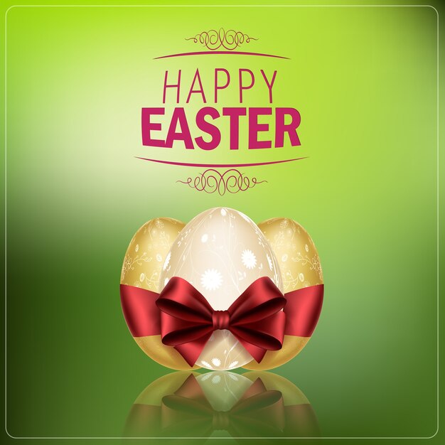 Easter eggs with a red ribbon on green background