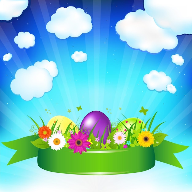 Easter eggs with ribbon, flowers and grass,