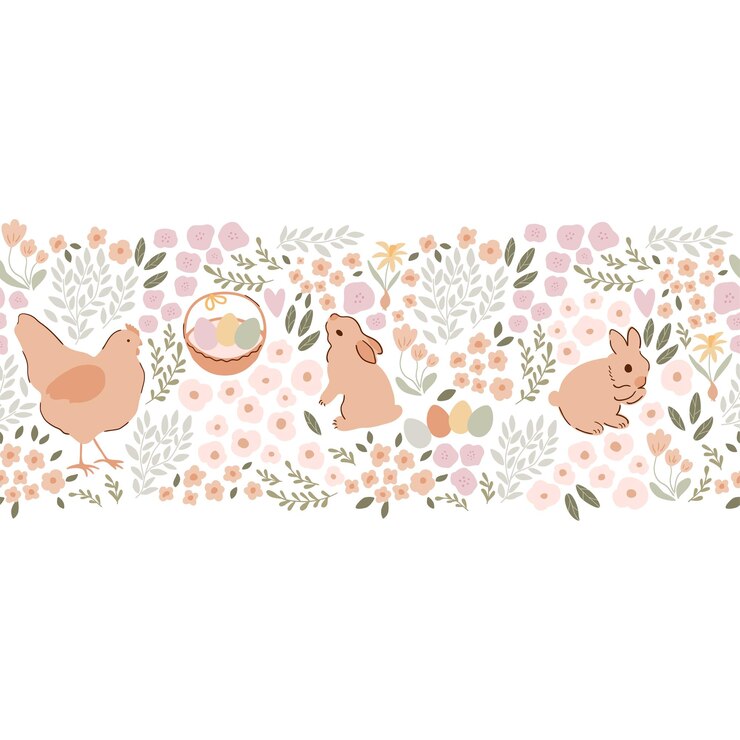 Vector easter floral border with hen baby rabbit eggs vector spring seamless long border in beige color