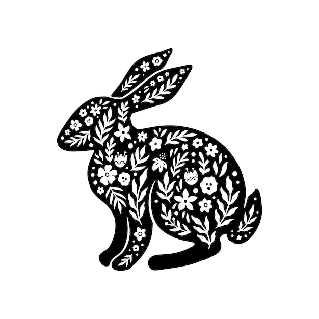 Easter floral rabbit silhouette in linocut style cute bunny shape flower leaves vector folk art illustration isolated on white background bloom linocut rabbit icon for logo social media print