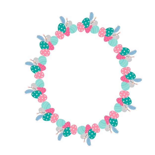Corona di fiori di pasqua cornice di pasqua con uova decorate e fiori e simboli di pasqua luminosa