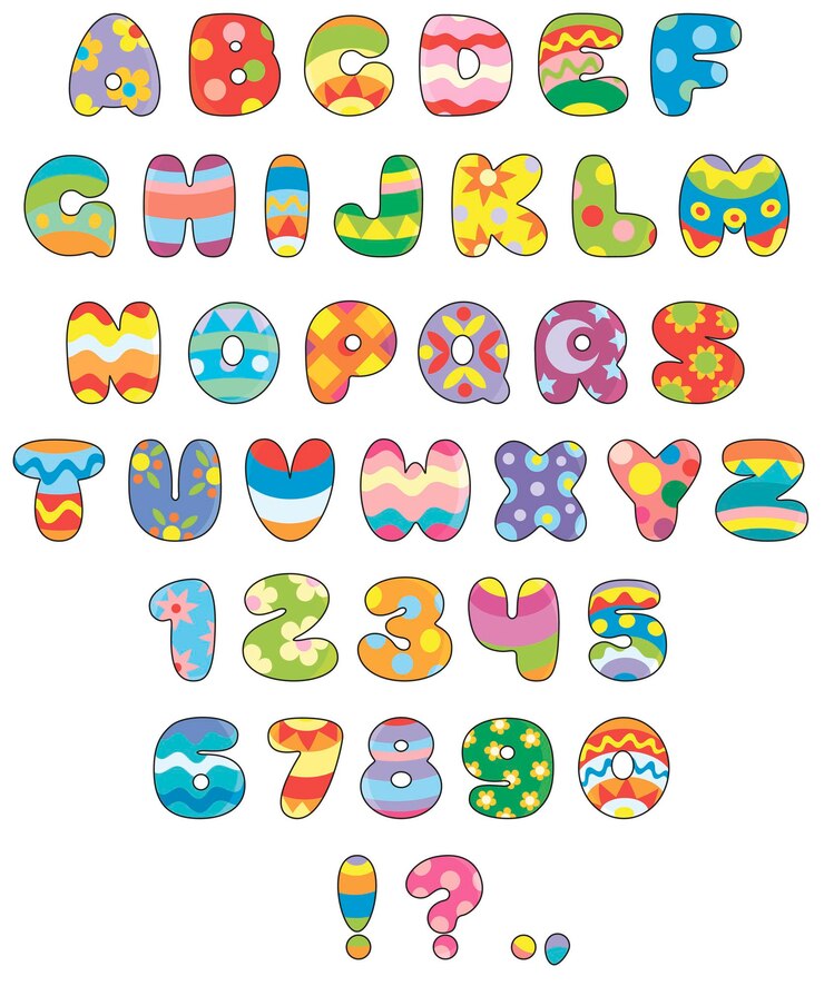 Easter font English alphabet and numerals colored like Easter eggs