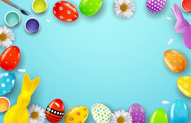 Modello di cornice di pasqua con uova di pasqua realistiche 3d e coniglietto