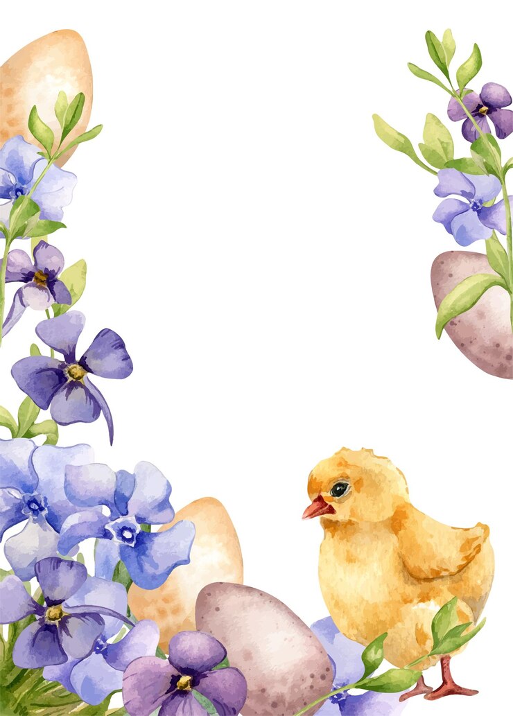 Vector easter frame of watercolor blue spring flowers and chick isolated on white floral template border with easter eggs periwinkle flowers hand drawn blue forgetmenot sketch for greeting card