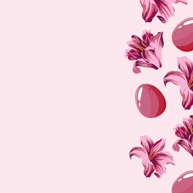 Easter frame with pink lilies and pink Easter eggs on pale pink background for poster banner