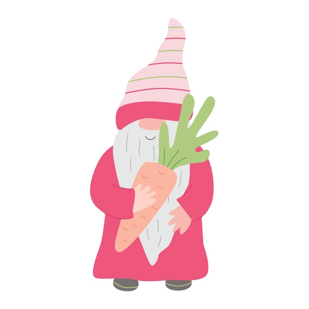 Vector easter funny gnome with carrot hand drawn flat vector illustration great for easter greeting cards