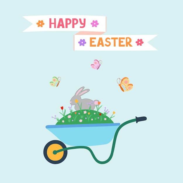 Vector easter garden wheelbarrow with bunny hand drawn illustration