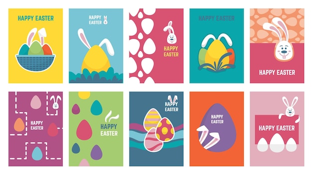 Easter geometric posters with eggs flat rabbit and egg minimalist abstract banner happy bunny kids festive covers modern neoteric vector design