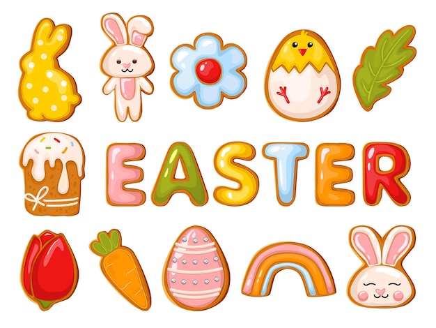 Easter gingerbread cookies icon Easter holiday colored eggs carrot and bunny Vector Easter