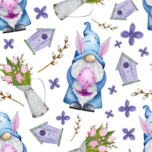 Easter gnome and tulips bouquet spring watercolor seamless pattern. Cute texture for wrapping paper, fabric, scrapbooking, wallpaper