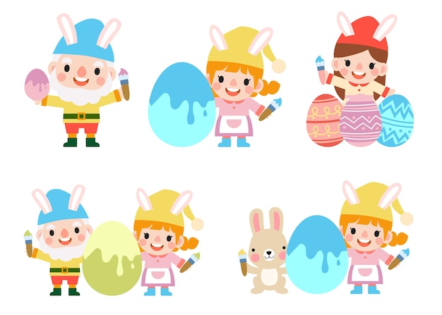 Vector easter gnomes with bunny rabbit ears cute woman wearing bunny ears and easter eggs