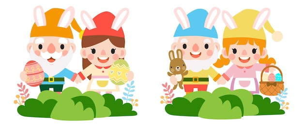 Vector easter gnomes with bunny rabbit ears cute woman wearing bunny ears and easter eggs