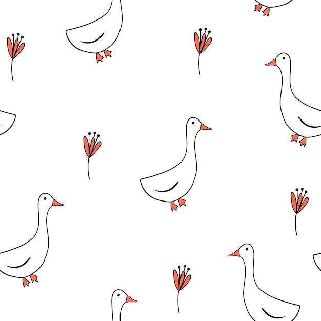 Easter goose and orange wildflowers on white background seamless pattern in flat style