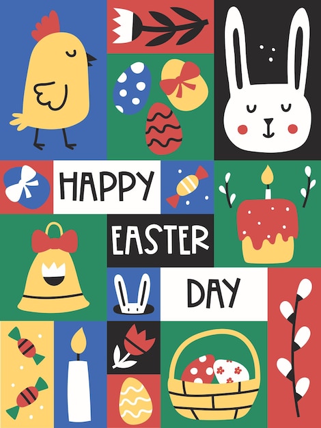 Cartellone grafico di pasqua cartellone di auguri rettangolare con simpatici simboli di pasqua buon giorno di pasqua colori retrò pallidi disegno vettoriale piatto con semplici elementi minimalisti per il modello di poster d'arte a parete