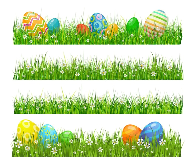 Easter green grass with eggs and flowers