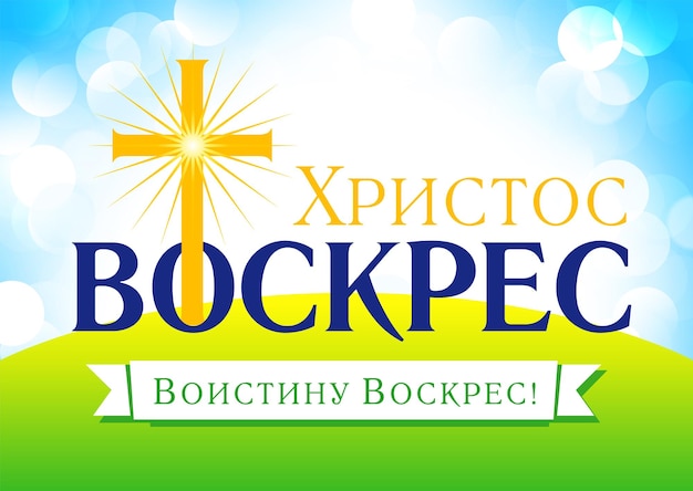 Easter greenings with Russian text - Christ is risen. Religious banner or poster.